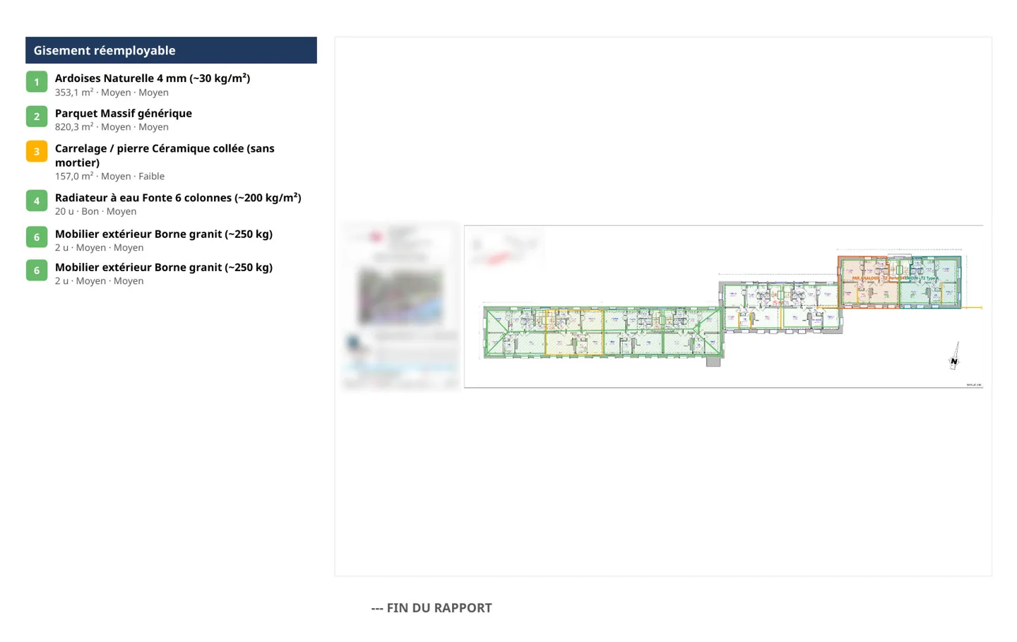 Page du rapport : gisement réemployable cartographié sur le plan du bâtiment